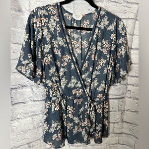 Sienna Sky Blue Floral Wrap Top with White & Peach Accents
